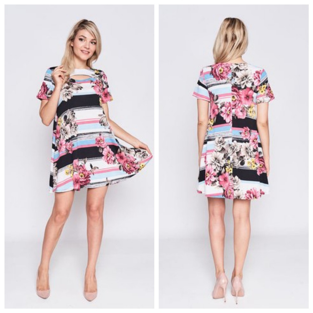 Striped Floral Spring Mini Shift Dress